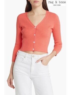 RAG & BONE WOMEN NWT ASHER VEE CROP 3/4 SLEEVE CORAL CARDIGAN. SIZE S